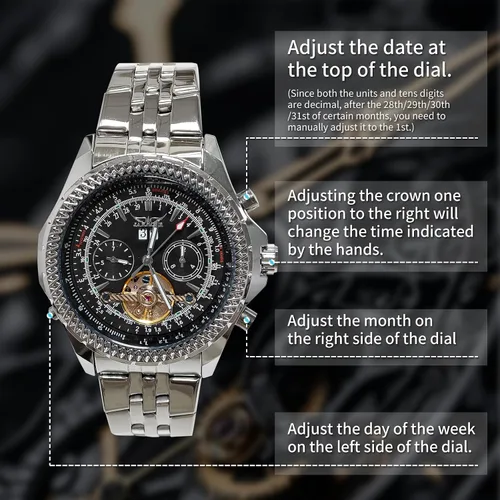 Vista 7 de Gute Reloj mecánico automático de acero inoxidable impermeable para hombre, reloj de pulsera de lujo de cara grande multifuncional Tourbillon