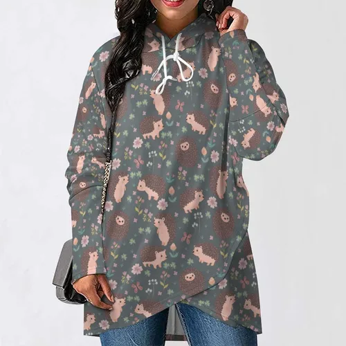 Vista 7 de Lindas sudaderas con capucha con patrón de erizo y flores para mujer, sudadera sin botones con bolsillo