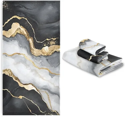Vista 6 de Juego de toallas de baño para baño, toallas de mano, toallas de mano con diseño de mármol dorado y negro, 3 piezas, algodón decorativo, absorbente