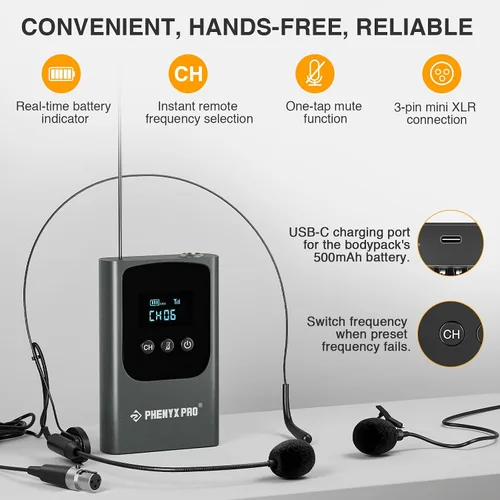 Vista 5 de Phenyx Pro Sistema de micrófono inalámbrico digital dual PDP-2-1H1B Bundle con receptor inalámbrico portátil PWR-P-900