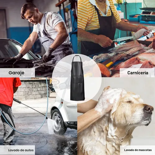 Vista 7 de Delantal impermeable, delantal de trabajo resistente, delantal de cuero artificial, ideal para chef, carnicero, peluquero, limpieza Plus