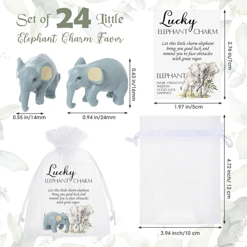 Vista 2 de Lincia 24 juegos de fichas de elefante de buena suerte, 24 figuras de elefante pequeño con tarjetas de significado y bolsas de organza, regalos