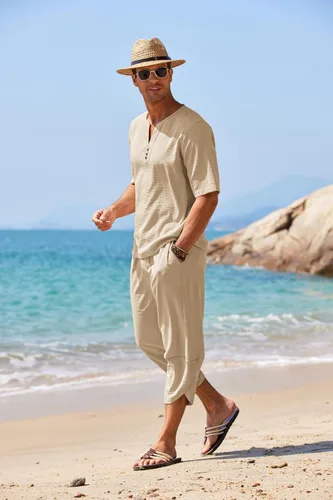Vista 2 de COOFANDY Conjunto de 2 piezas de lino para hombre, camisa Henley de manga corta y pantalones capri harén, pierna ancha, holgados, pantalones de yoga