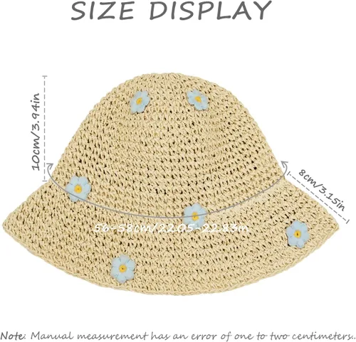 Vista 6 de Sombrero de paja para mujer, sombrero de playa plegable, sombrero de ala ancha, Flor beige-azul