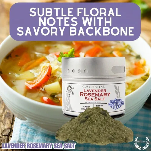 Vista 7 de Sal marina de romero y lavanda condimento gourmet Todo natural Sal de acabado artesanal Sin OMG, sin agentes antiaglomerantes Lote pequeño
