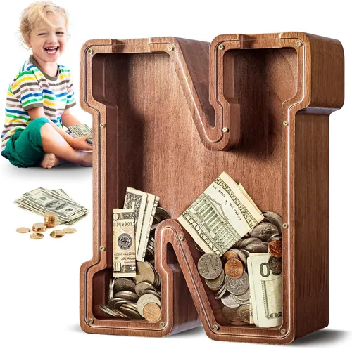 Vista 10 de SummiDate Alcancía de madera de letra para niños y niñas, Alfabeto, personalizada, regalo de cumpleaños y pascua para niños (A)