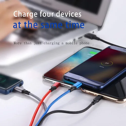 Vista 6 de Cable de carga múltiple 3A, USB A a 4 en 1 de nailon trenzado, Lightning / Dual Tipo-C/Micro Puerto Cable de carga rápida para iPhone 17, 16, 15