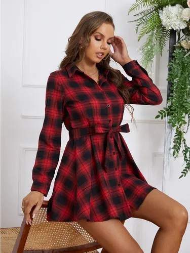 Vista 5 de LYANER Vestido de manga larga con cuello con botones y dobladillo con volantes para mujer