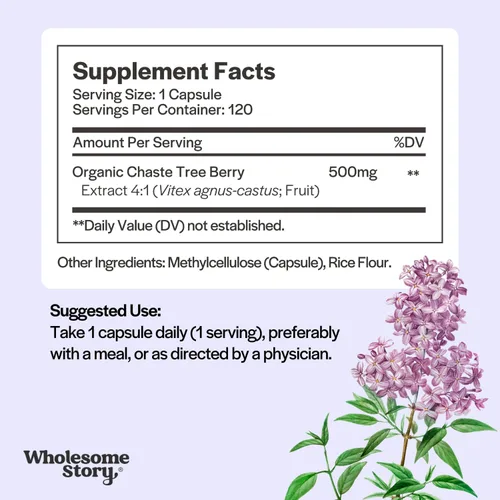 Vista 3 de Wholesome Story Suplemento orgánico Vitex Chasteberry para mujer Equilibrio hormonal, apoyo a la fertilidad y regulación del período Extracto