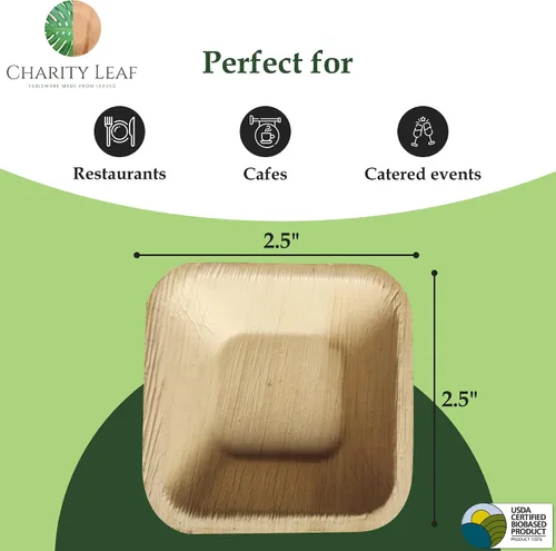 Vista 3 de Cuencos mini cuadrados desechables de hoja de palma de 2.5" (100 piezas) Similar al bambú Todo natural y biodegradable Para tablas