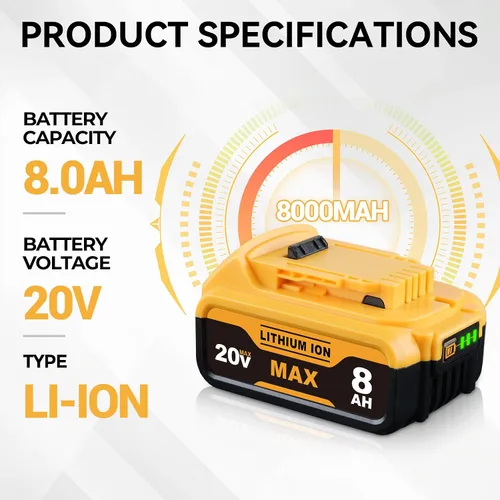 Vista 2 de DCB200 - Batería de repuesto de 8.0Ah para Dewalt 20V compatible con herramientas eléctricas inalámbricas Dewalt DCB200 DCB201 DCB203 DCB206 DCB207