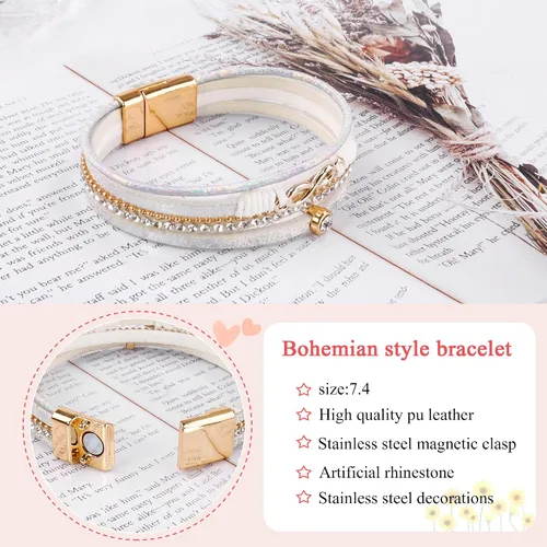 Vista 3 de Multilayer Leather Wrap Bracelets,Women Heart Modern Boho Bracelet,Magnetic Clasp Cuff Rhinestone Leather Bracelets Jewelry For GirlsWomen