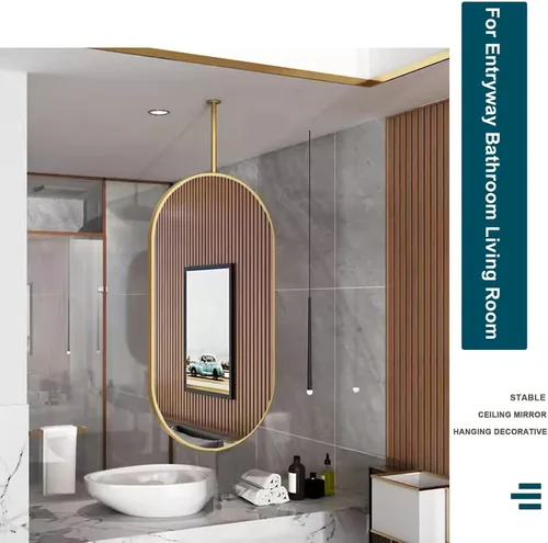 Vista 5 de Espejos de baño para tocador, espejo dorado montado en el techo con marco de metal y barra para colgar en el techo, espejo de pared decorativo