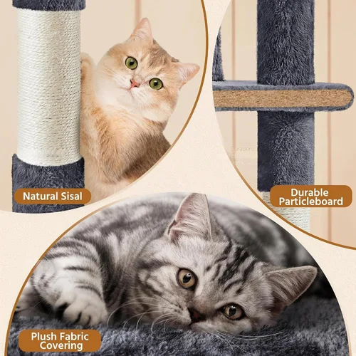 Vista 6 de Yaheetech - Torre de árbol para gatos de 62 pulgadas, torre para gatitos de interior, muebles para mascotas con doble refugio, postes para rascar
