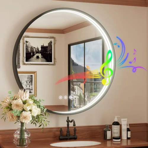 Vista 11 de Espejo de baño LED redondo Bluetooth dual de 20 pulgadas con antivaho Black Frame Circle Vanity Mirror with Lights, 3000K/4500K/6000K, Adjustable