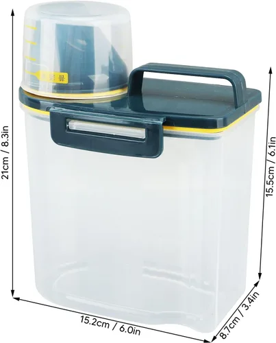 Vista 2 de Recipiente de almacenamiento de arroz, dispensador de arroz de plástico con taza medidora, dispensador hermético de granos con escala Claer, 3.3 lbs