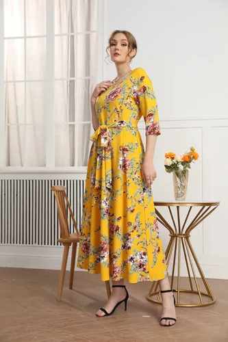 Vista 6 de WDIRARA Vestido acampanado con estampado floral y cuello redondo para mujer talla grande con cinturón acampanado Verde menta