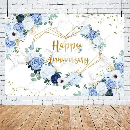 Vista 5 de MEHOFOND Telón de fondo de feliz aniversario de 7 x 5 pies, diseño floral azul y blanco para boda, aniversario, fotografía, corazones, geométricos