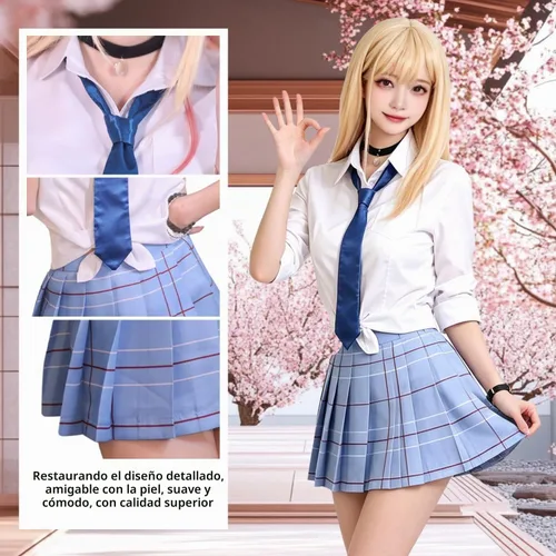 Vista 4 de Disfraz de uniforme escolar japonés para mujer, falda plisada Blanco