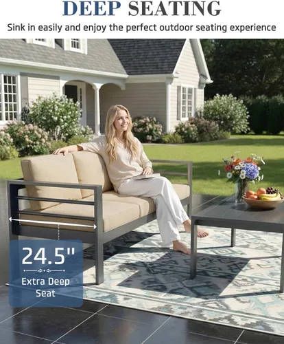 Vista 6 de AECOJOY Juego de muebles de patio de aluminio, muebles modernos de exterior de 5 asientos con mesa auxiliar, 4 piezas de sofá seccional