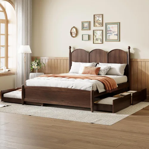 Vista 12 de MERITLINE Cama de plataforma tamaño Queen con cama nido individual XL y 2 cajones de almacenamiento, marco de cama de plataforma de madera maciza