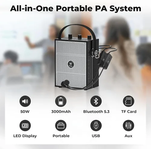 Vista 4 de Amplificador de voz de 50W con 2 micrófonos con auriculares, micrófono con altavoz, sistema de sonido portátil con micrófono, altavoz Bluetooth