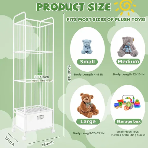Vista 3 de Almacenamiento para Animales de Peluche, Soporte de Animales de Peluche de Metal con Cajón de Tela y Ruedas Organizador Vertical Alto de Juguetes