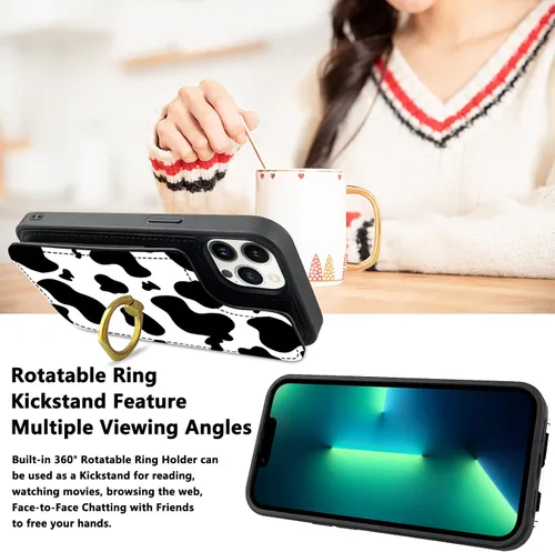 Vista 6 de Funda tipo cartera compatible con iPhone 13 Pro con soporte para tarjetas, rotación de 360°, soporte de anillo de dedo con función atril, bloqueo