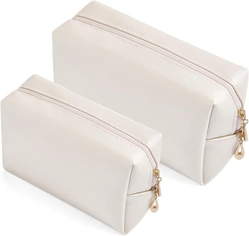 Vista 9 de Juego de 2 bolsas de cosméticos de piel sintética para mujer, bolsa de maquillaje minimalista para uso diario, bolsa de almacenamiento portátil