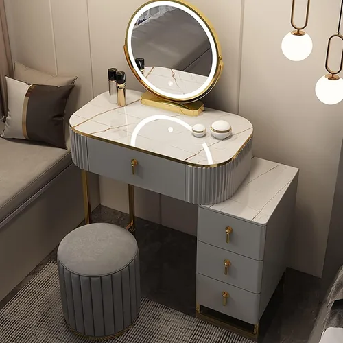 Vista 10 de Juego de mesa de tocador de maquillaje con 3 modos, espejo iluminado ajustable, 5 cajones, mesa de maquillaje con taburete acolchado suave, tocador