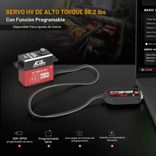 Vista 4 de AGFRC A73BHLW V2 88.2 lbs IP67 Impermeable Sin Escobillas 1/10 RC Servo Full Metal Gears, HV, Programmable Digital Servo, with 25T Metal Horn