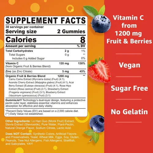 Vista 2 de Gomitas orgánicas de vitamina C de 120 mg para adultos, sin azúcar, defensa inmunológica diaria, antioxidante crudo, suplemento de vitamina C