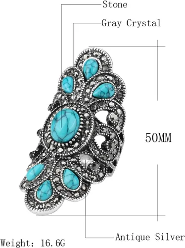 Vista 2 de LadayPoa Anillos vintage azul turquesa para mujer, anillos largos de flores gruesas, anillo de dedo bohemio retro grande, accesorios de joyería punk