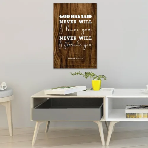 Vista 2 de Letrero de madera rústico con texto en inglés "God Has Said Never Will I Leave You Never Will I Forsake You Hebrews con texto en inglés Saying
