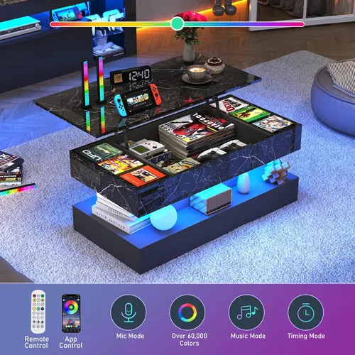Vista 6 de chartustriable Mesa de Centro Grande de 39.4" con Tapa Elevable y Estación de Carga, Mesa Central LED Moderna de Alto Brillo con Compartimento