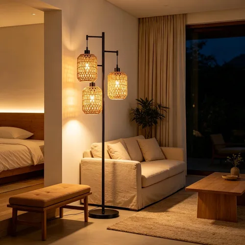 Vista 3 de QIYIZM - Lámpara de pie con diseño de árbol de 3 bombillas; alta, rústica, estilo rural, industrial y boho, pantalla de mimbre y bambú; para sala