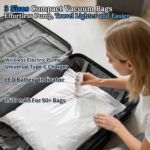 Vista 2 de Bolsas de sellado al vacío para ropa de viaje, bolsas de almacenamiento al vacío ahorradoras de espacio con bomba de aire, embalaje de compresión