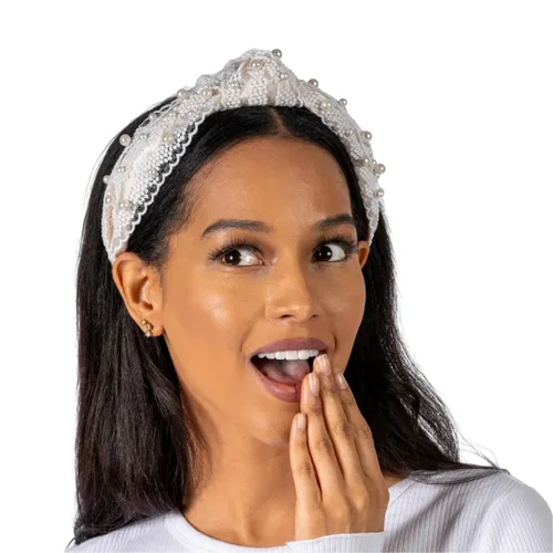 Vista 2 de Diadema anudada para mujer (beige con perlas), diadema ancha anudada, beige con ribete de encaje y perlas pequeñas