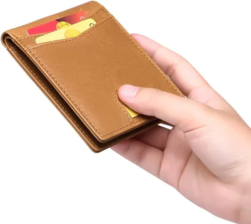 Vista 6 de FALAN MULE Billetera para hombre delgada con bloqueo RFID y bolsillo frontal plegable de cuero para hombres, AB_Caqui, Moda