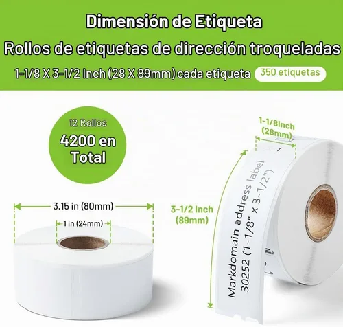 Vista 2 de 12 rollos compatibles con Dymo LabelWriter 30252 repuestos de etiquetas de 1-1/8 pulgadas x 3-1/2 pulgadas, etiquetas de dirección y código