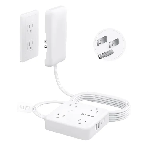 Vista 11 de TROND - Tira de alimentación con cubierta de toma, cable de extensión plano corto de 3 pies con 8 tomas de CA y 4 puertos USB, 13A/1625W, protector