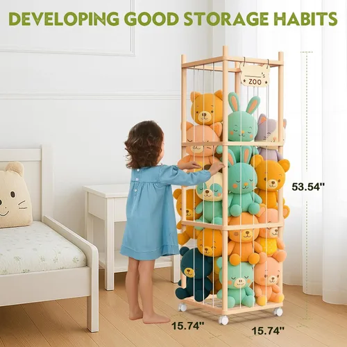 Vista 4 de Almacenamiento y Organizador de Animales de Peluche May Eileen, Soporte de Juguete de Zoológico de Madera Bonito para Habitaciones de Niños