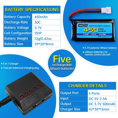 Vista 3 de 5 baterías Lipo de 3.7 V 450 mAh 30C con cargador 5 en 1 enchufe Molex compatible con la mayoría de drones RC, aviones de cuatro ejes y modelos