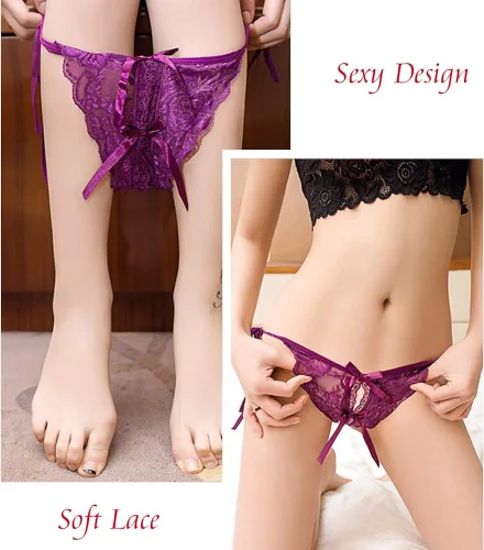 Vista 2 de HOTSO Tangas sexy de encaje para mujer, con lazo lateral, ropa interior, lencería de tiro bajo, tirantes en T, tanga con lazo
