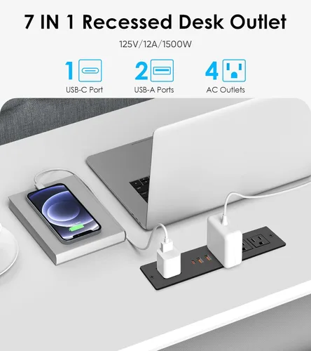 Vista 2 de Regleta de alimentación empotrada con PD 20W USB-C, salida de cajón empotrada, 4 tomas de corriente y 3 puertos USB, regleta de alimentación