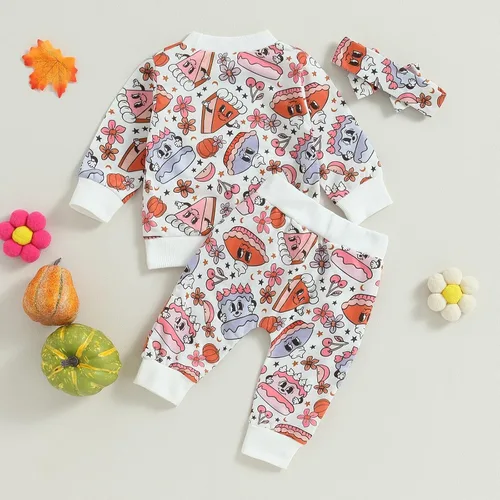 Vista 7 de TBUIALL Conjunto de 2 piezas de manga larga para niña, conjunto de otoño para niñas, suéter de manga larga con estampado de tartas, ropa de bebé