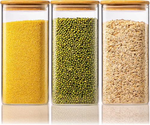 Vista 10 de Paquete de 4 tarros cuadrados de vidrio de 21 onzas con tapas de bambú, recipientes de almacenamiento de alimentos de vidrio con tapas herméticas