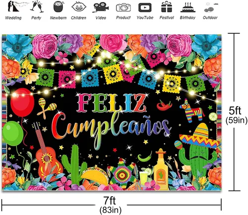 Vista 3 de Telón de fondo de Feliz Cumpleaños de 7 x 5 pies, fiesta mexicana, decoración de fiesta de feliz cumpleaños, cartel de fiesta de cumpleaños