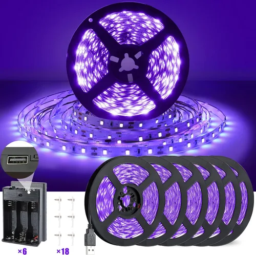 Vista 8 de Tira de luz negra USB de 16.4 pies con caja de batería, tira de luz negra LED de 5 V, 300 LED para brillar en la oscuridad, 385-400 nm para fiesta