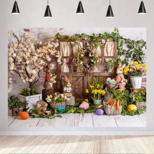 Vista 2 de Telón de fondo de Pascua de primavera de 7 x 5 pies, fondo de fotografía de Pascua, conejo, color huevos, flores, fondo de madera rústica, telón